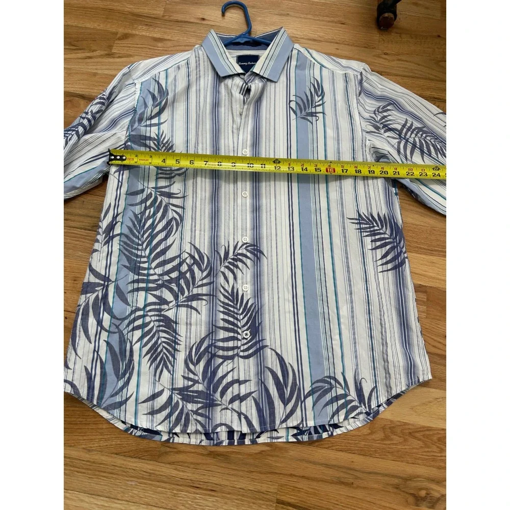 Tommy Bahama Mens Large Blue White Stripe Palm Leaf Long Sleeve Button Shirt‎